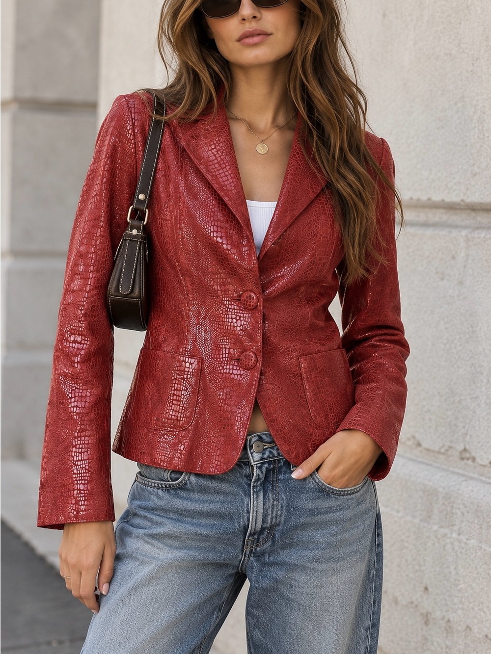 BEBE Vintage Y2K Red Genuine Leather Snakeskin Embossed Blazer Jacket